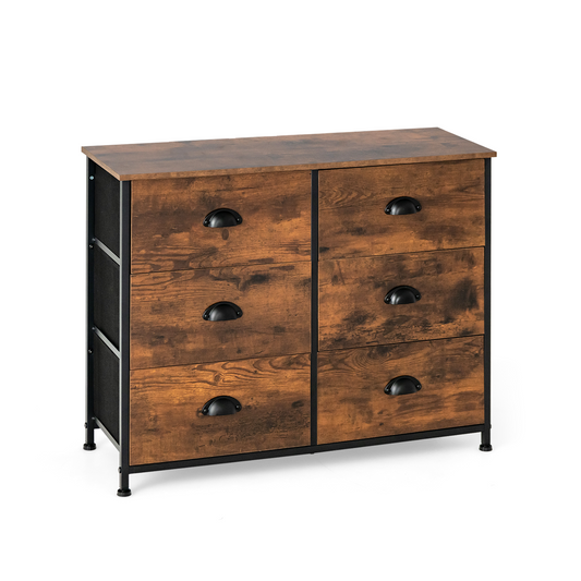 6 Fabric Drawer Storage Chest with Wooden Top-Rustic Brown Kids Crystal