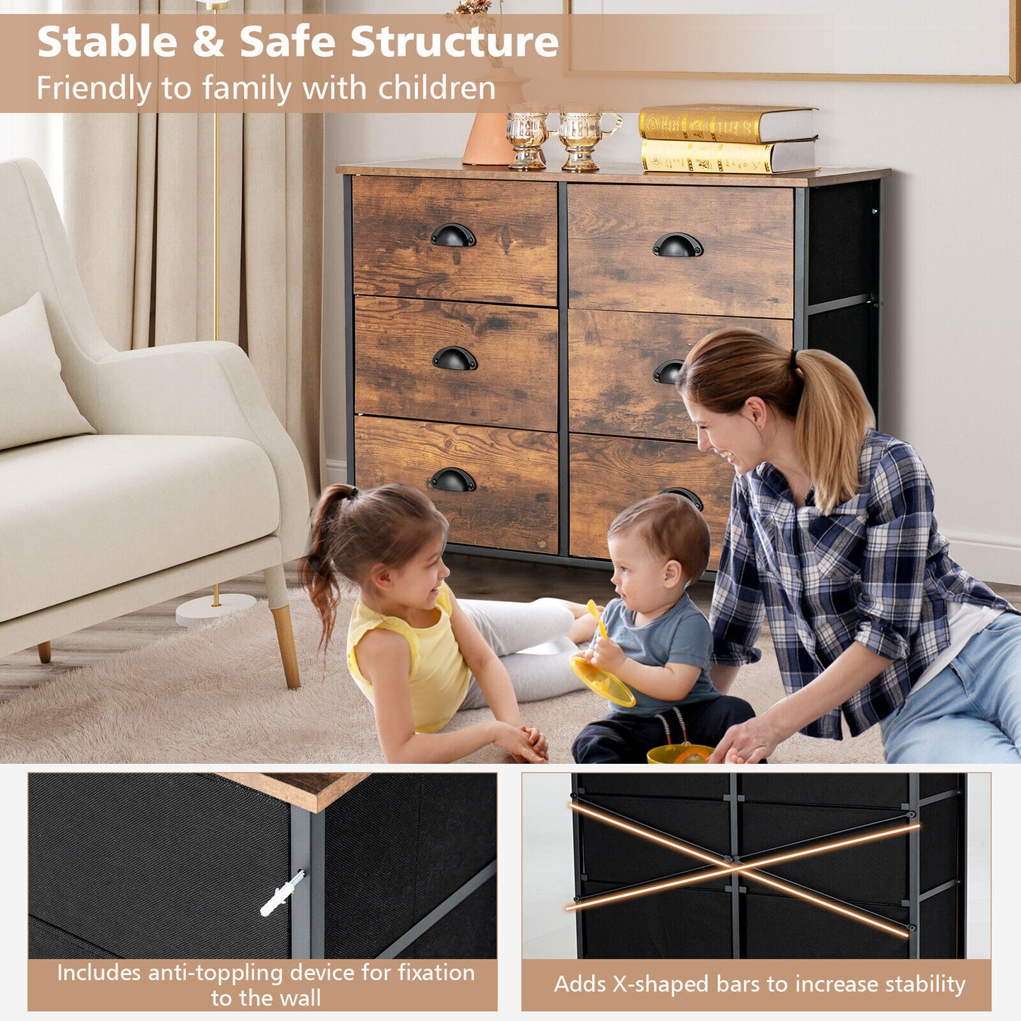 6 Fabric Drawer Storage Chest with Wooden Top-Rustic Brown Kids Crystal