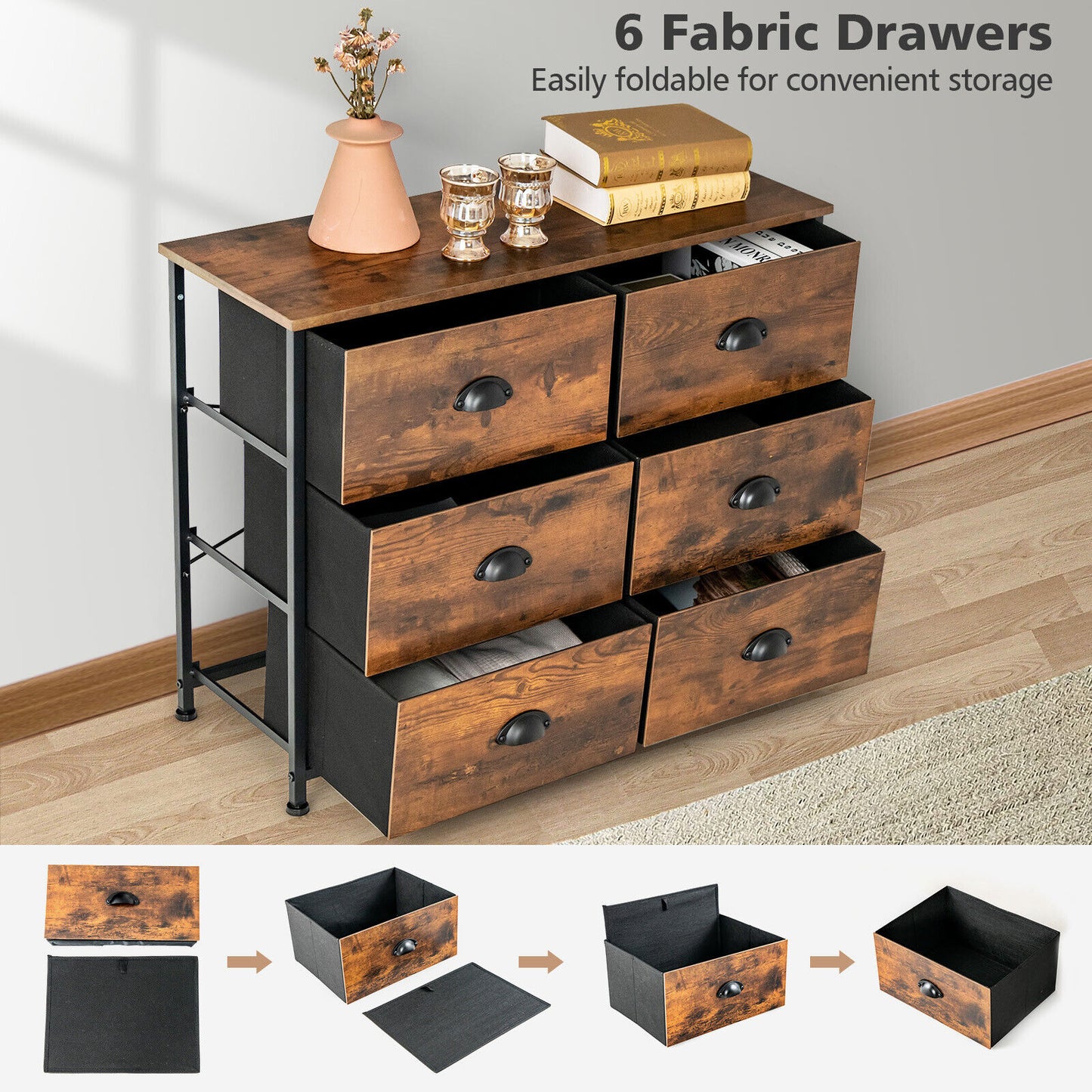 6 Fabric Drawer Storage Chest with Wooden Top-Rustic Brown Kids Crystal