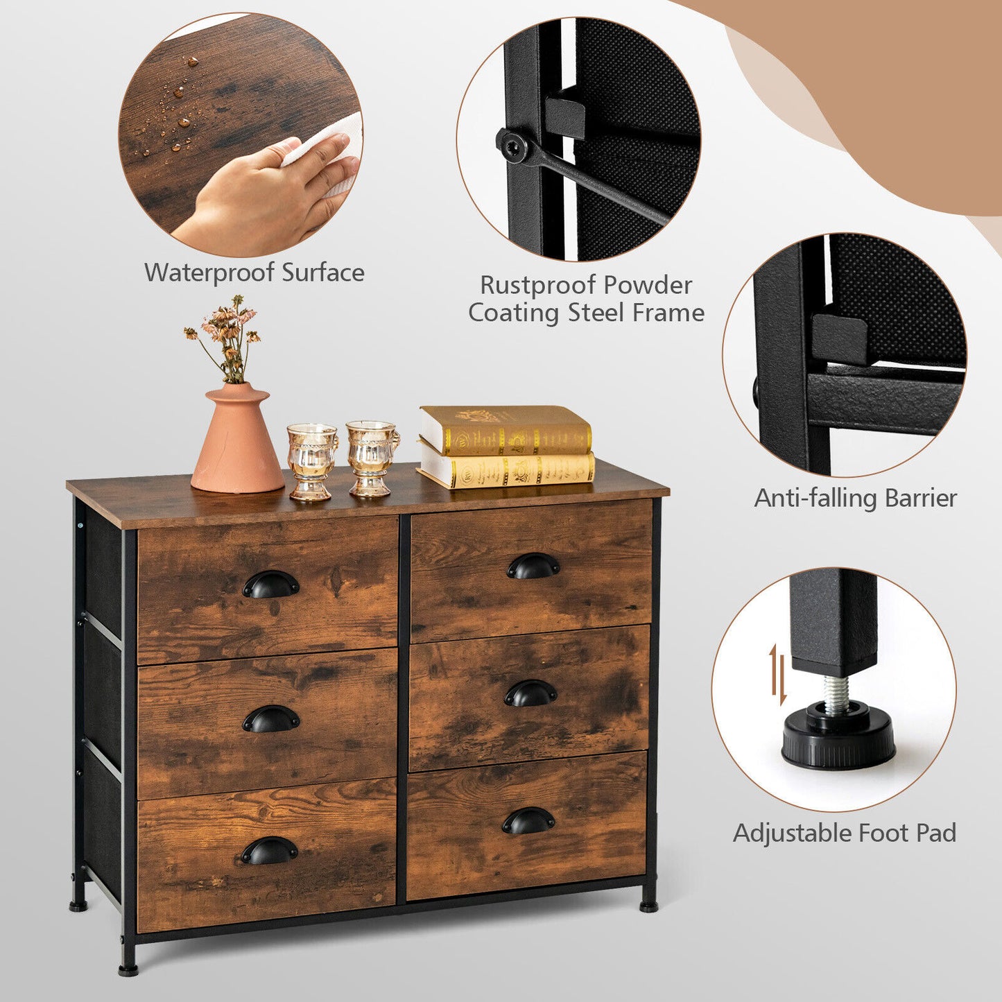 6 Fabric Drawer Storage Chest with Wooden Top-Rustic Brown Kids Crystal