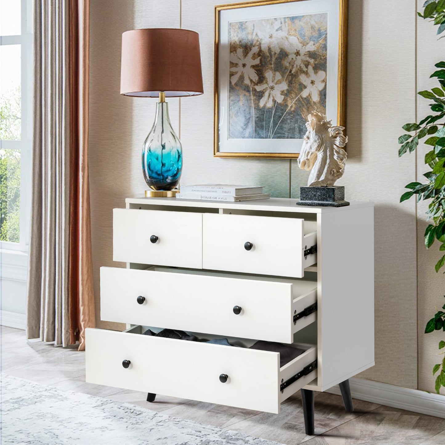 4 Drawers Dresser Chest of Drawers Free Standing Sideboard Cabinet-White Kids Crystal