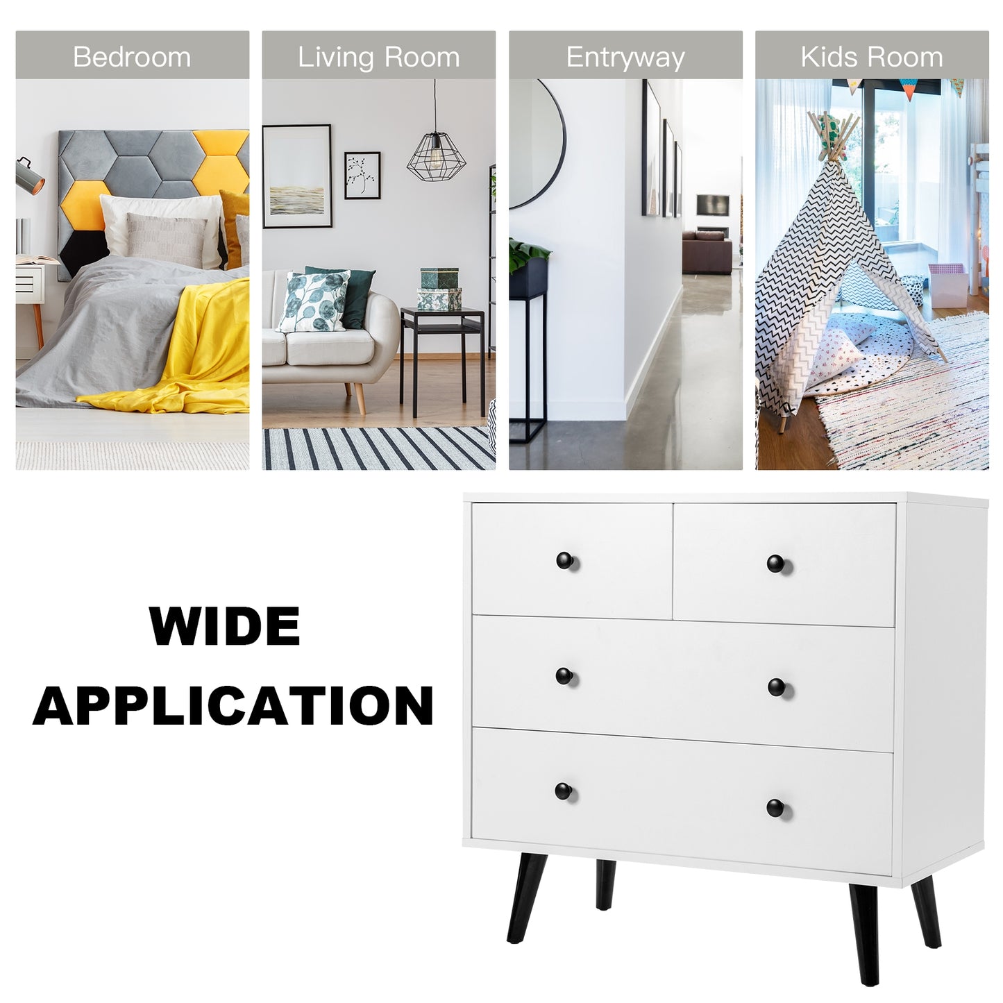 4 Drawers Dresser Chest of Drawers Free Standing Sideboard Cabinet-White Kids Crystal