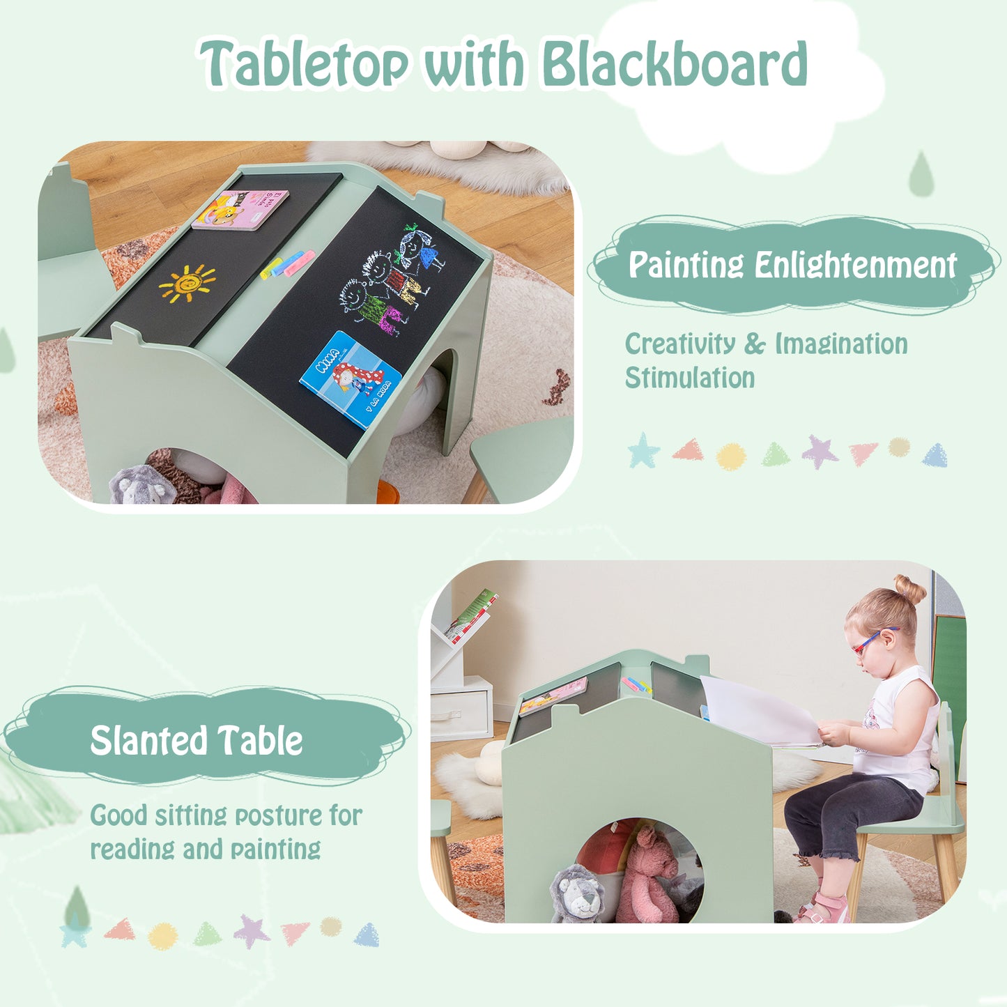 3 Pieces Wooden Kids Table and Chair Set-Green Kids Crystal
