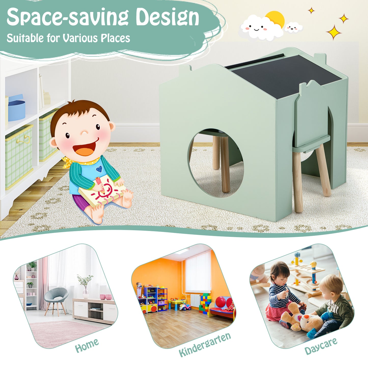 3 Pieces Wooden Kids Table and Chair Set-Green Kids Crystal