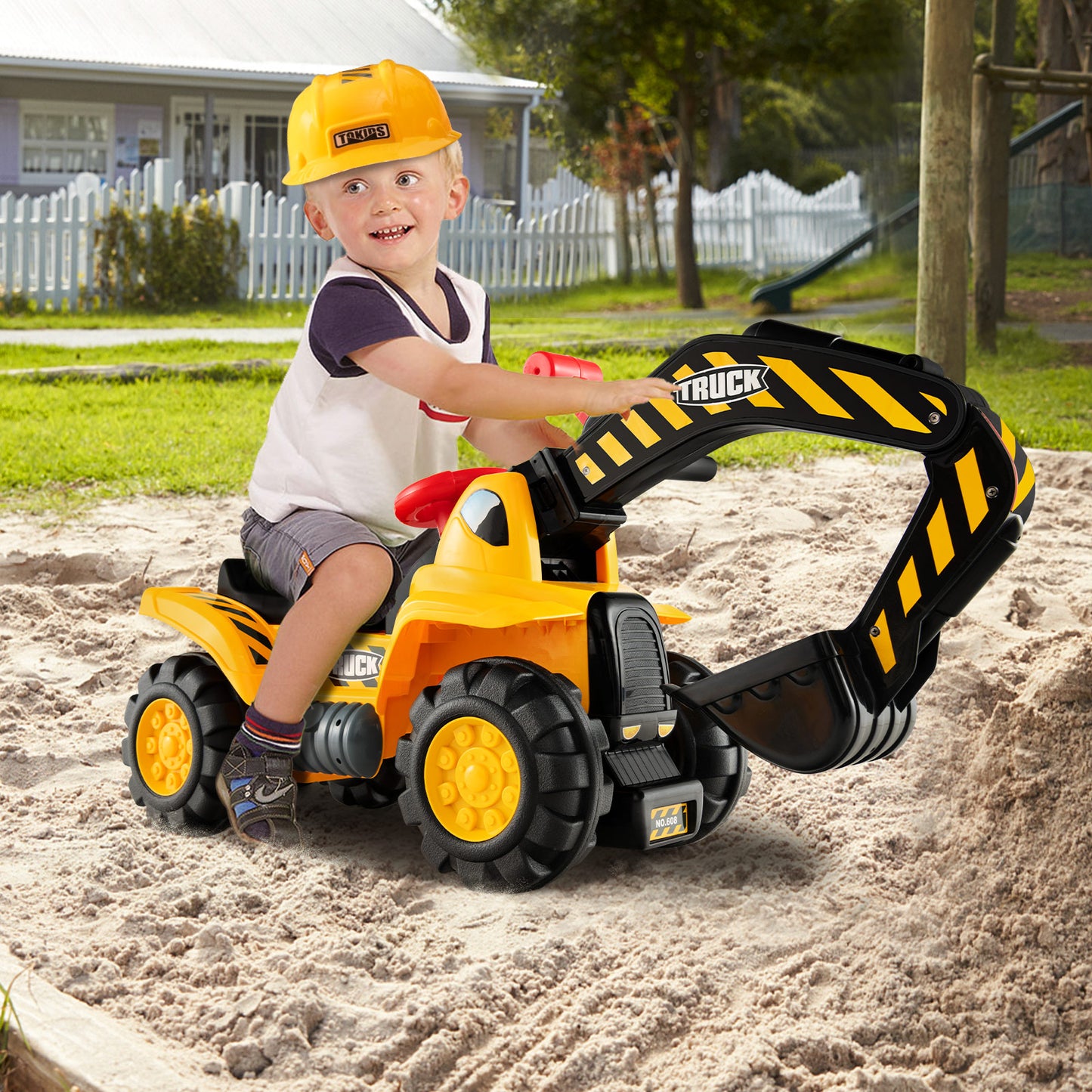 Ride on Push Car Bulldozer Digger Toy with Safety Helmet and Working Shovel Kids Crystal