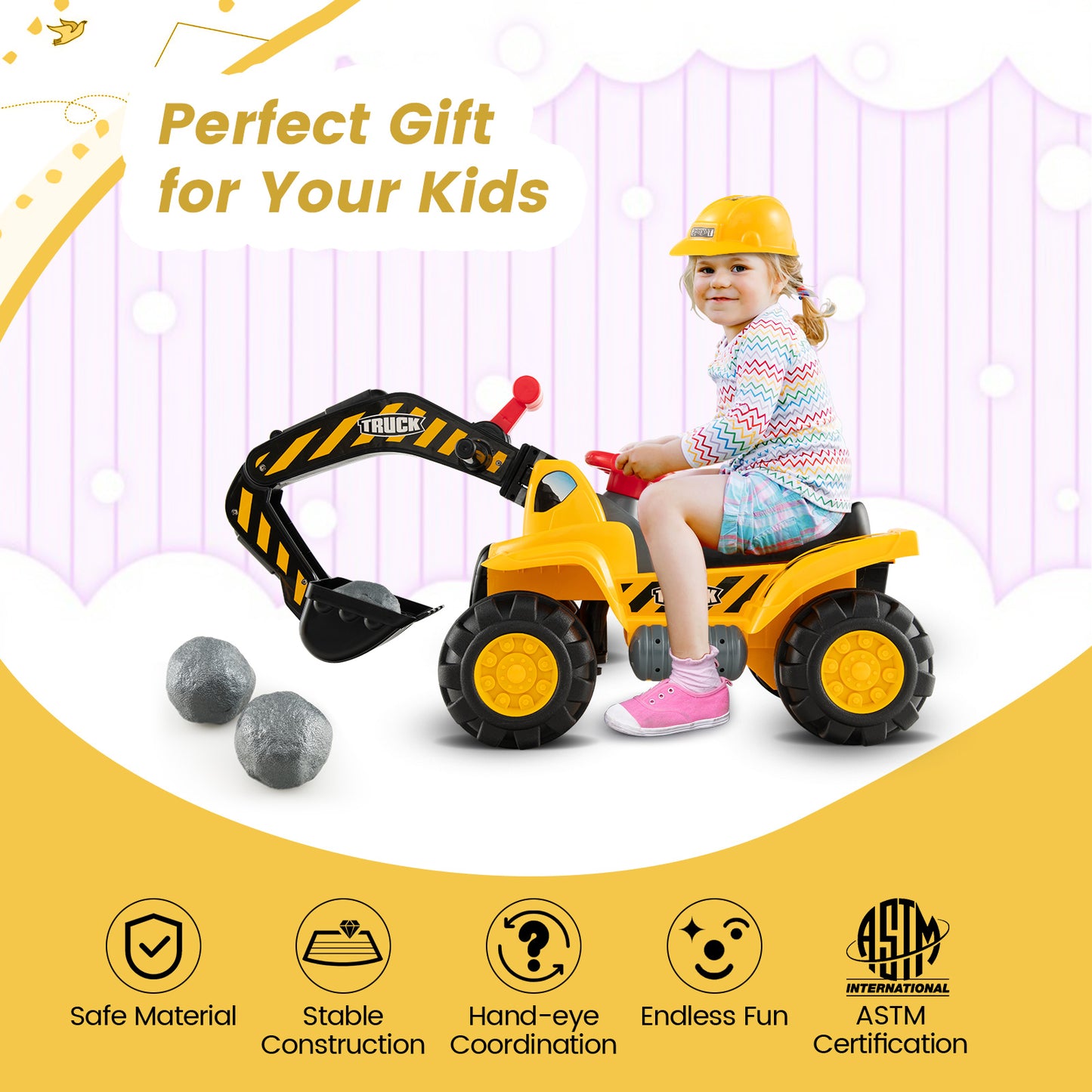 Ride on Push Car Bulldozer Digger Toy with Safety Helmet and Working Shovel Kids Crystal