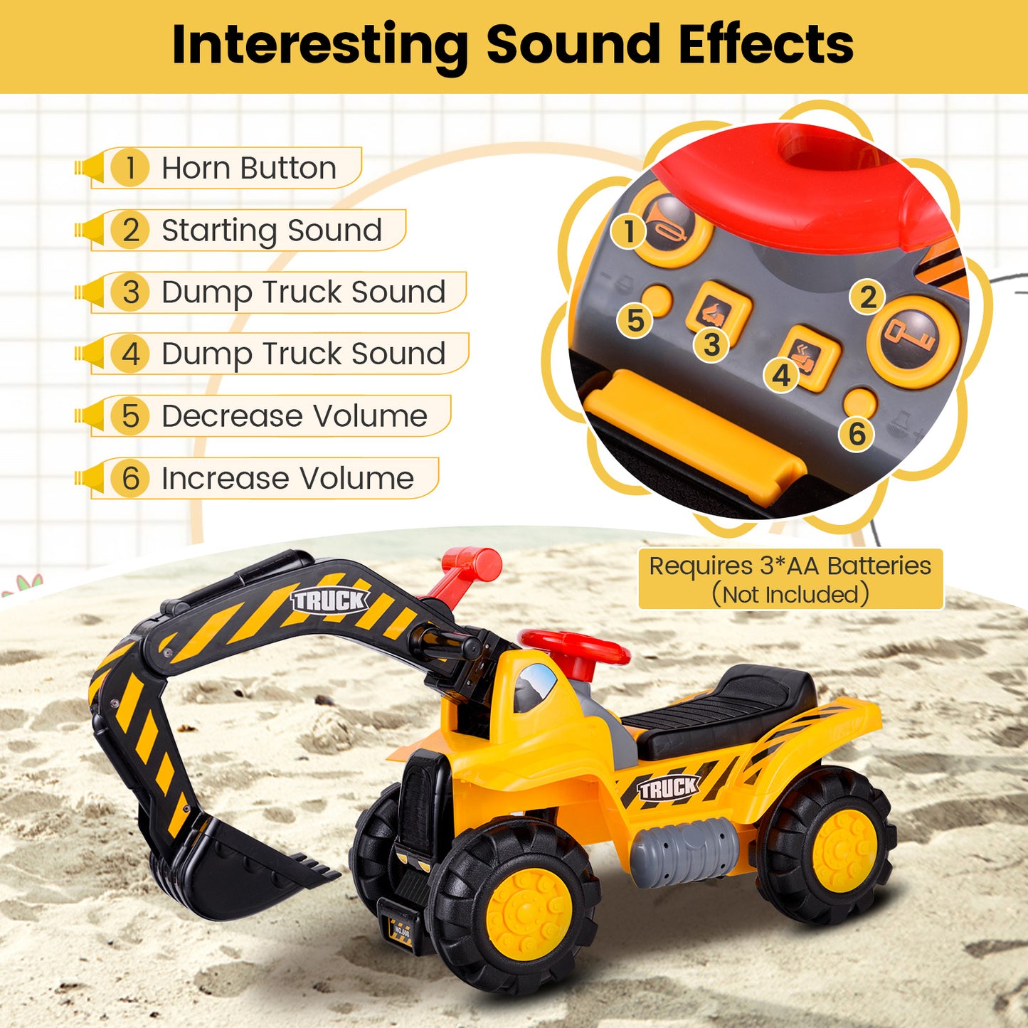 Ride on Push Car Bulldozer Digger Toy with Safety Helmet and Working Shovel Kids Crystal
