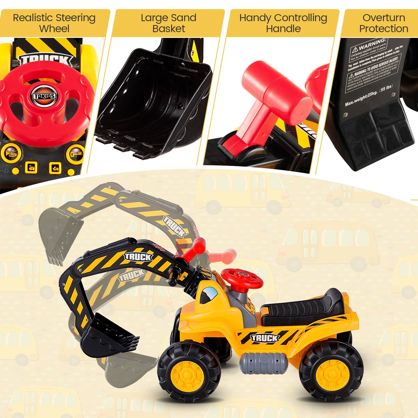 Ride on Push Car Bulldozer Digger Toy with Safety Helmet and Working Shovel Kids Crystal