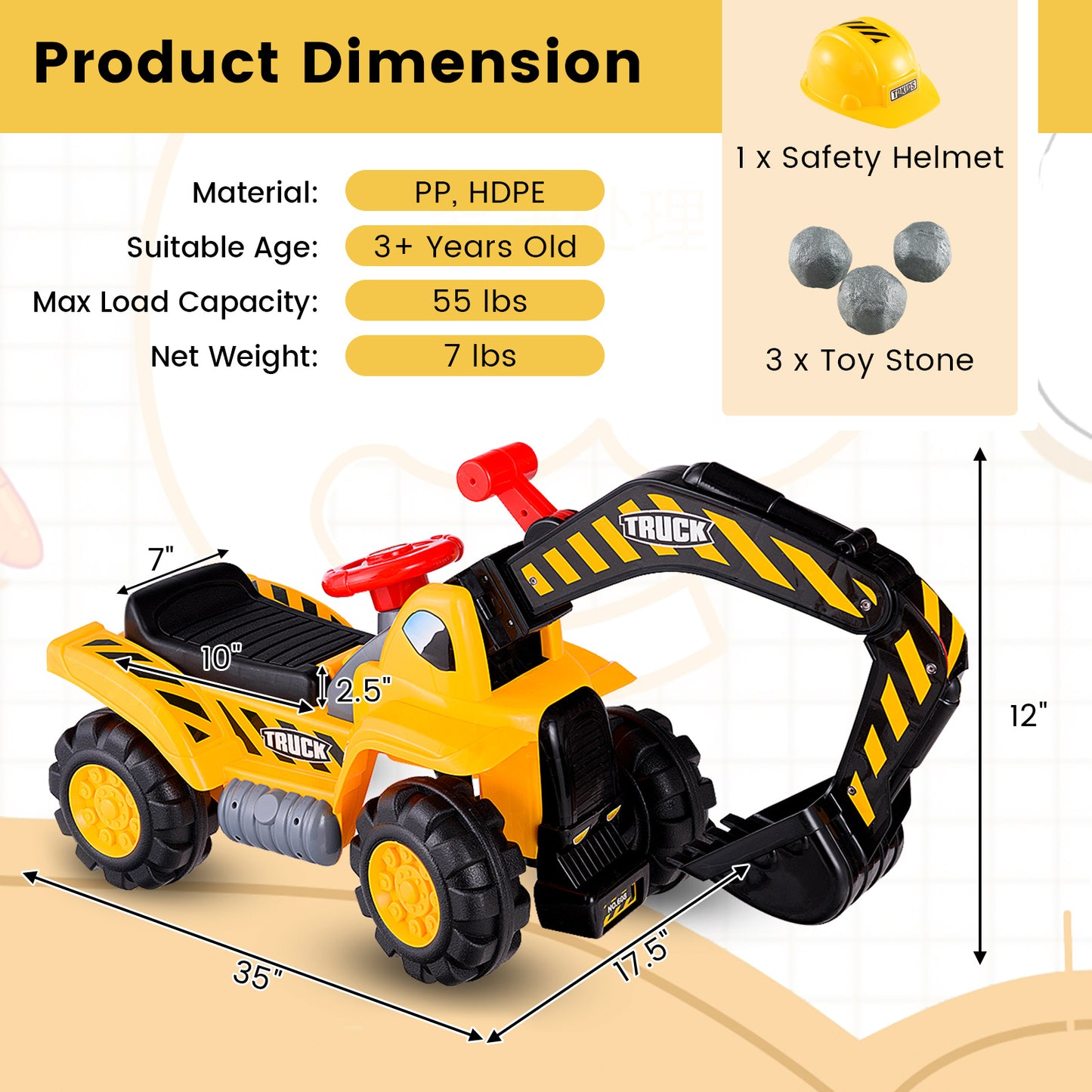 Ride on Push Car Bulldozer Digger Toy with Safety Helmet and Working Shovel Kids Crystal