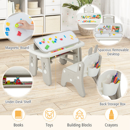 Kids Table and Chair Set with Flip-Top Bookshelf-Gray