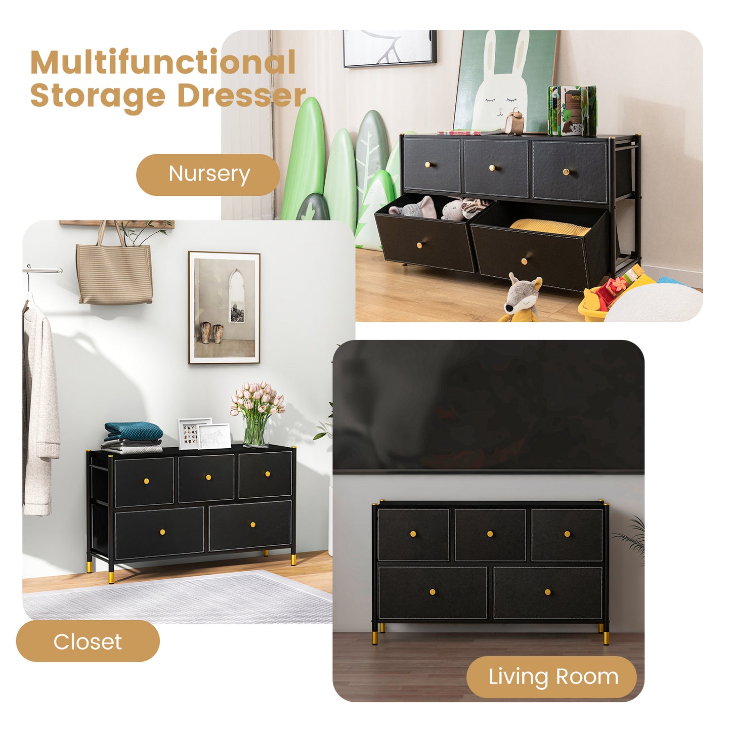 Floor Dresser Storage Organizer with 5/6/8 Drawers with Fabric Bins and Metal Frame-5-Drawer Kids Crystal