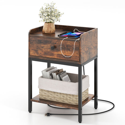 Industrial Bedside Table Nightstand with Charging Station-Rustic Brown Kids Crystal