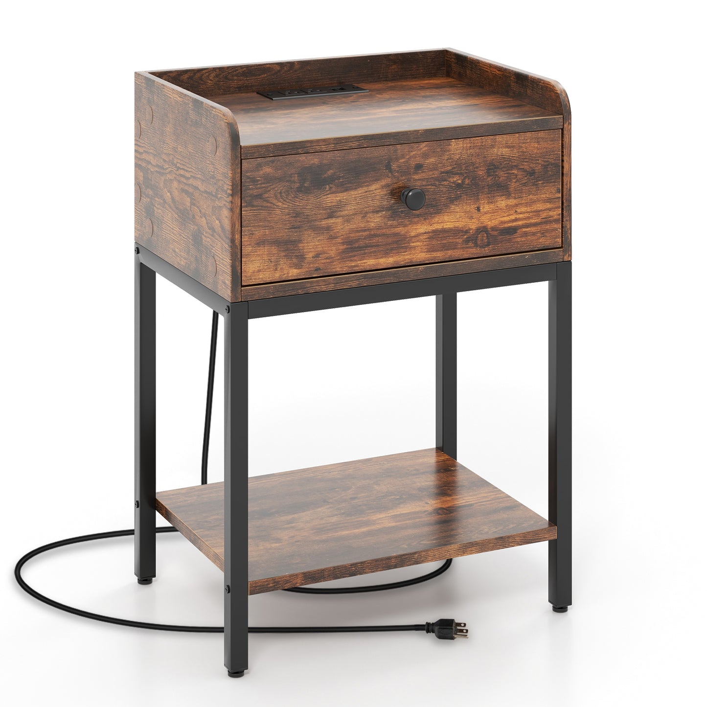 Industrial Bedside Table Nightstand with Charging Station-Rustic Brown Kids Crystal