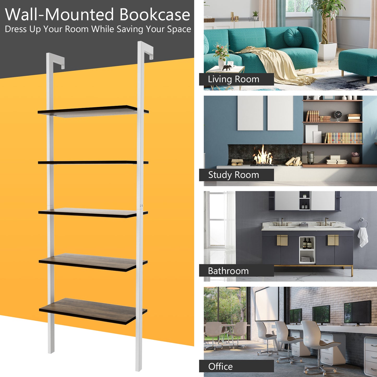 5-Tier Wood Look Ladder Shelf with Metal Frame for Home-White Kids Crystal