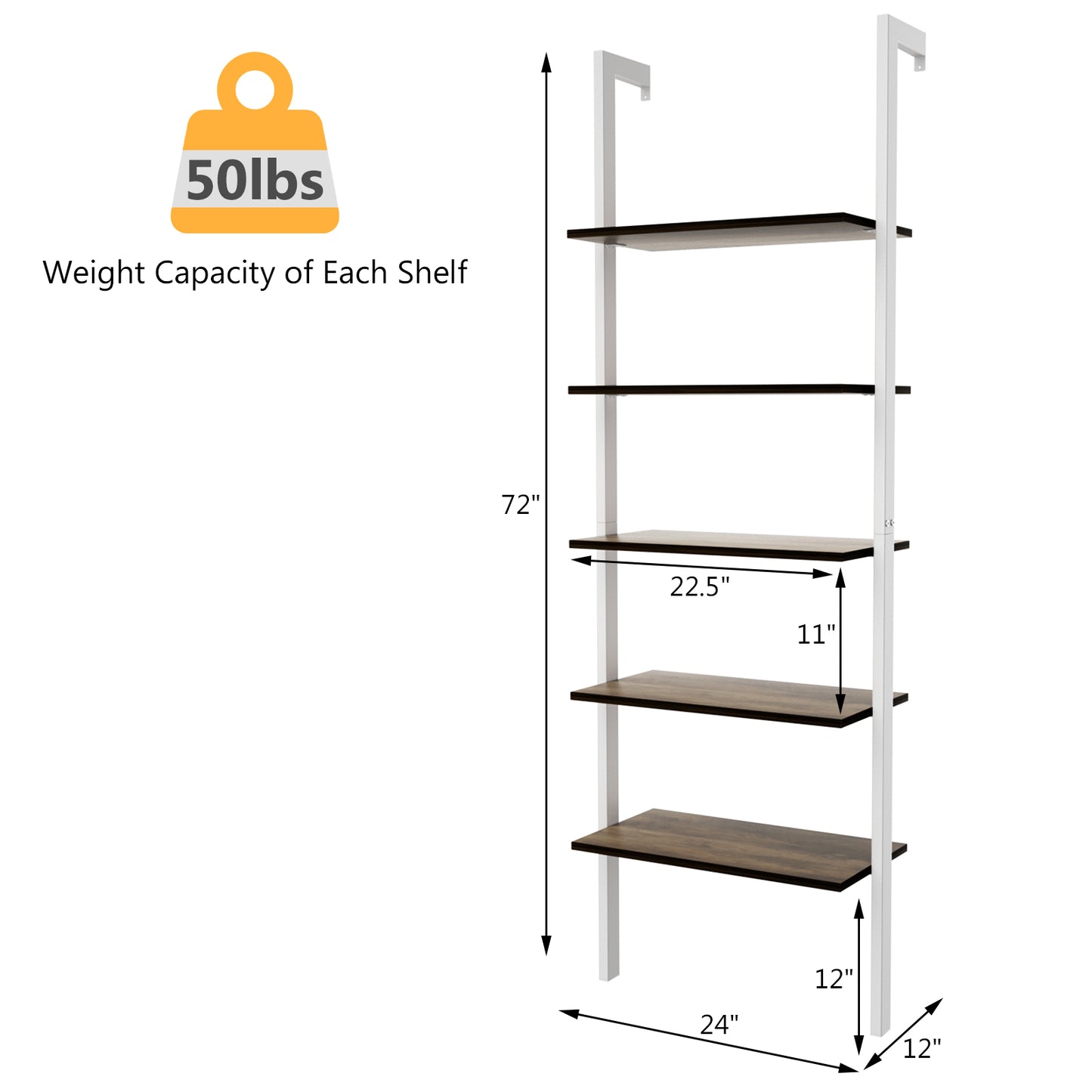 5-Tier Wood Look Ladder Shelf with Metal Frame for Home-White Kids Crystal