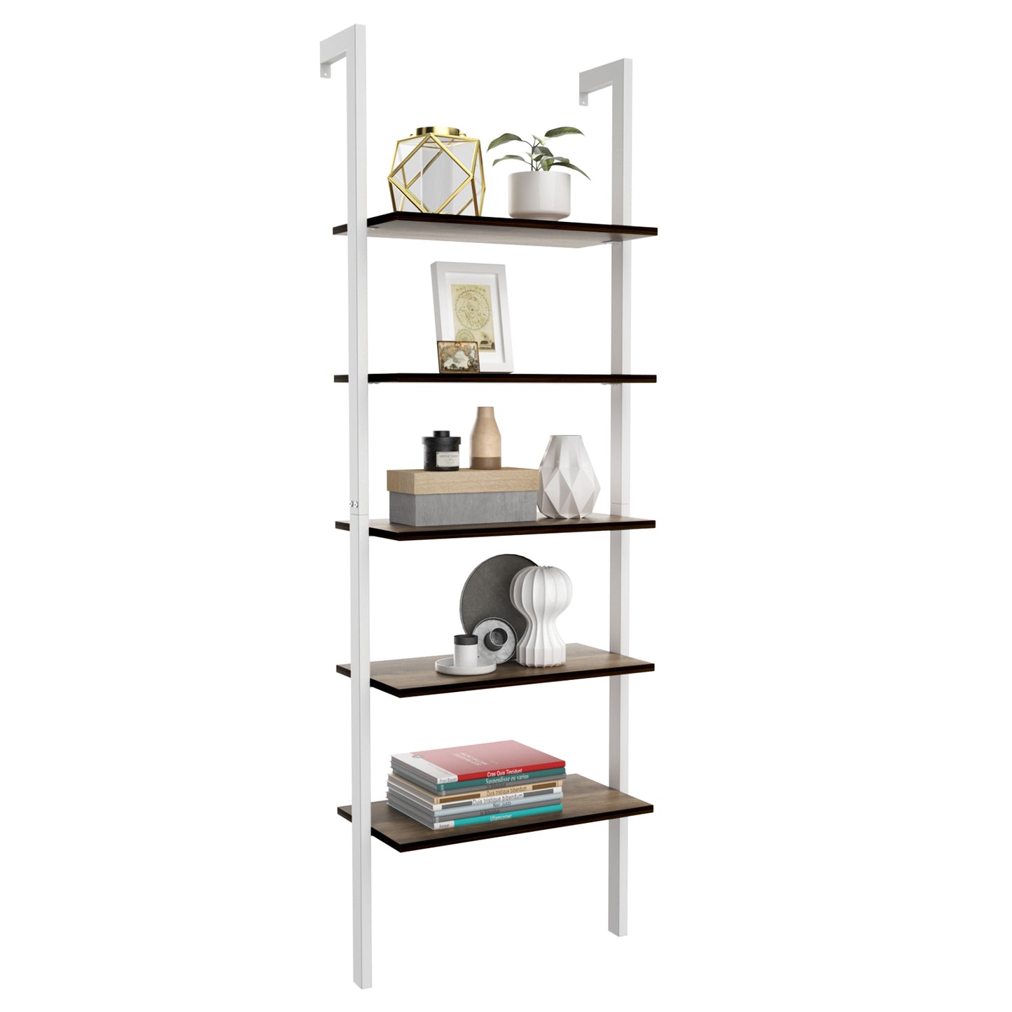 5-Tier Wood Look Ladder Shelf with Metal Frame for Home-White Kids Crystal