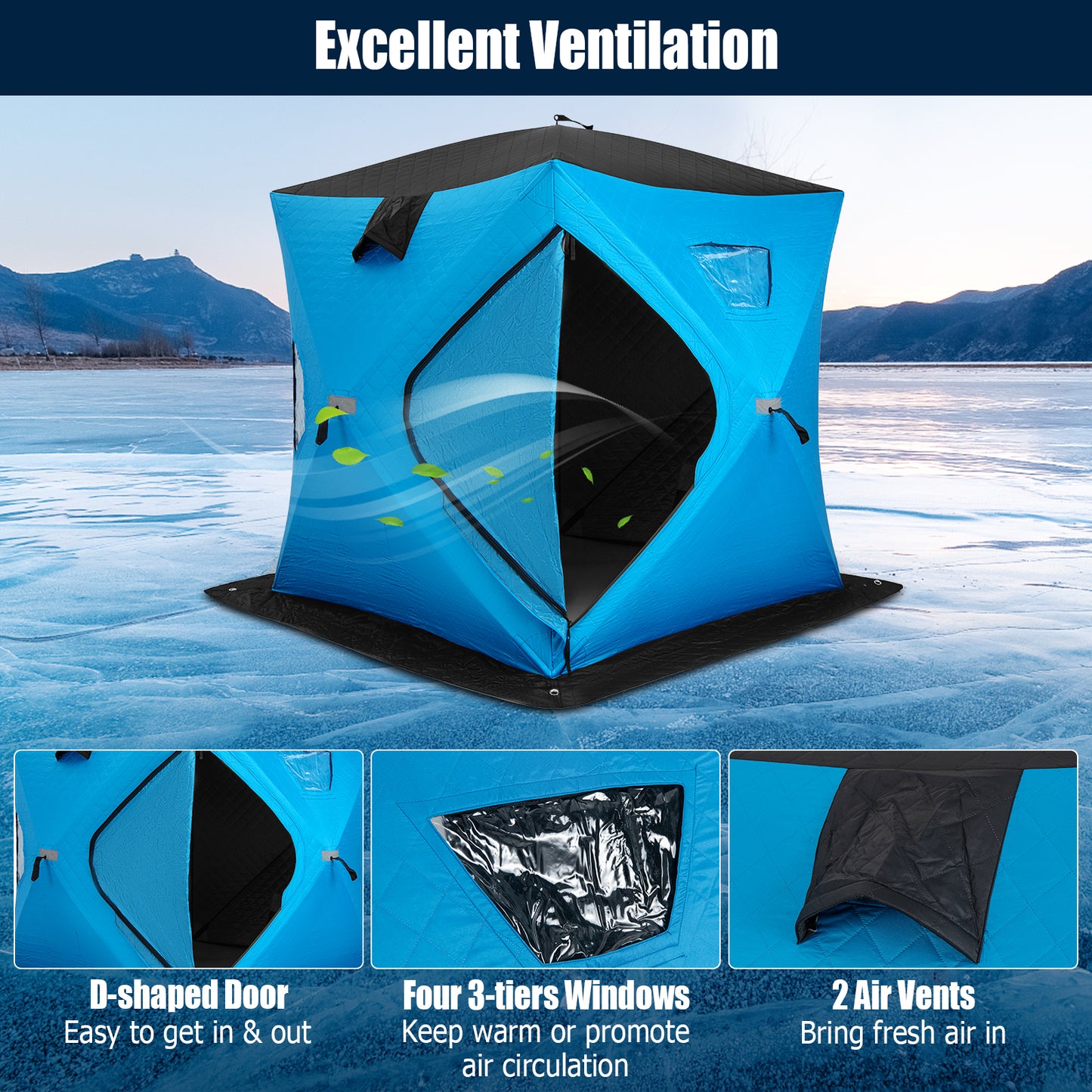 Portable 2 Person Ice Shanty with Cotton Padded Walls-Blue Kids Crystal