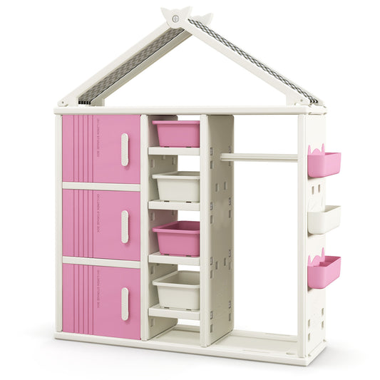 Kids Costume Storage Closet with Storage Bins and Shelves and Side Baskets for Kids Room-Pink Kids Crystal