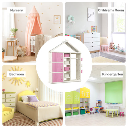 Kids Costume Storage Closet with Storage Bins and Shelves and Side Baskets for Kids Room-Pink