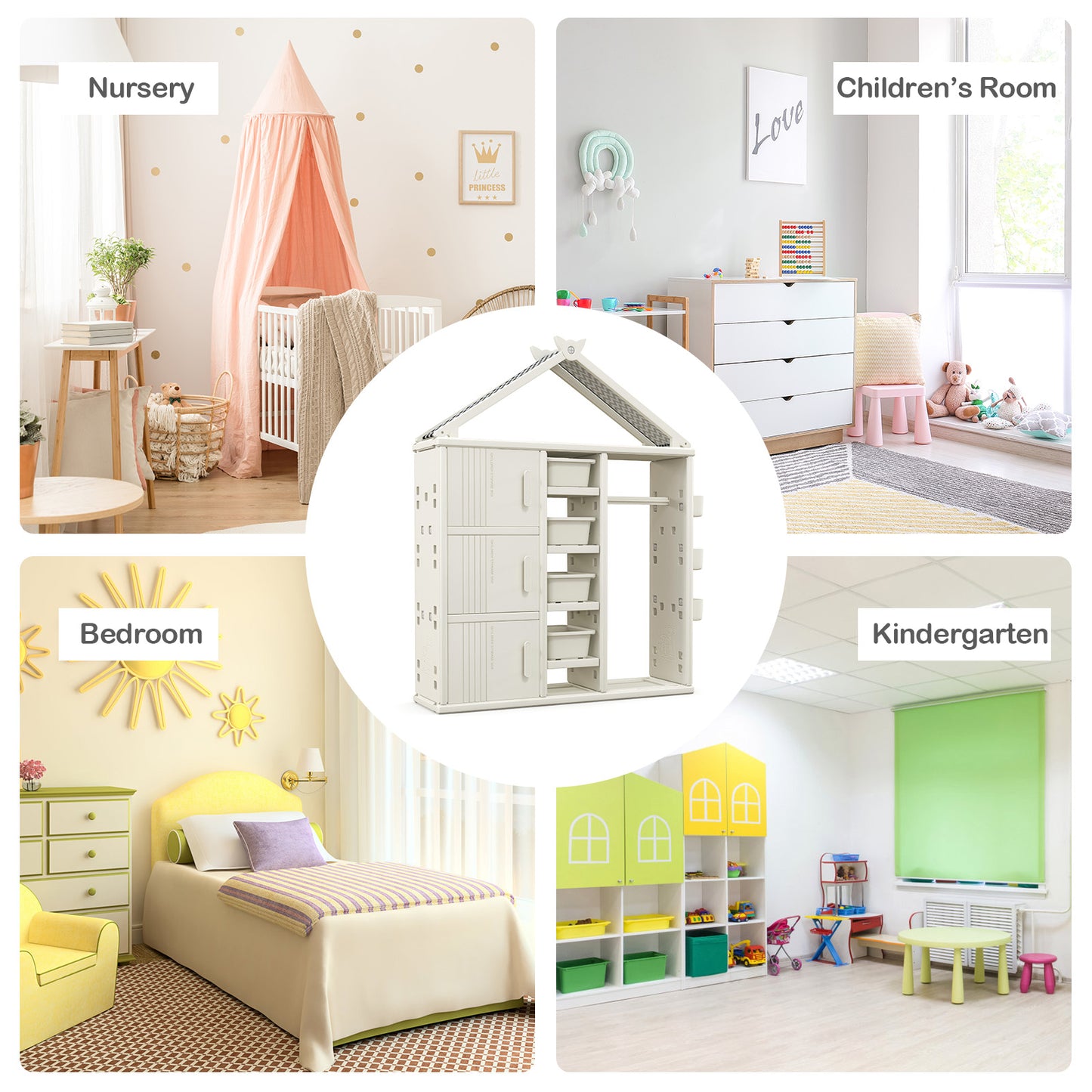 Kids Costume Storage Closet with Storage Bins and Shelves and Side Baskets for Kids Room-White Kids Crystal