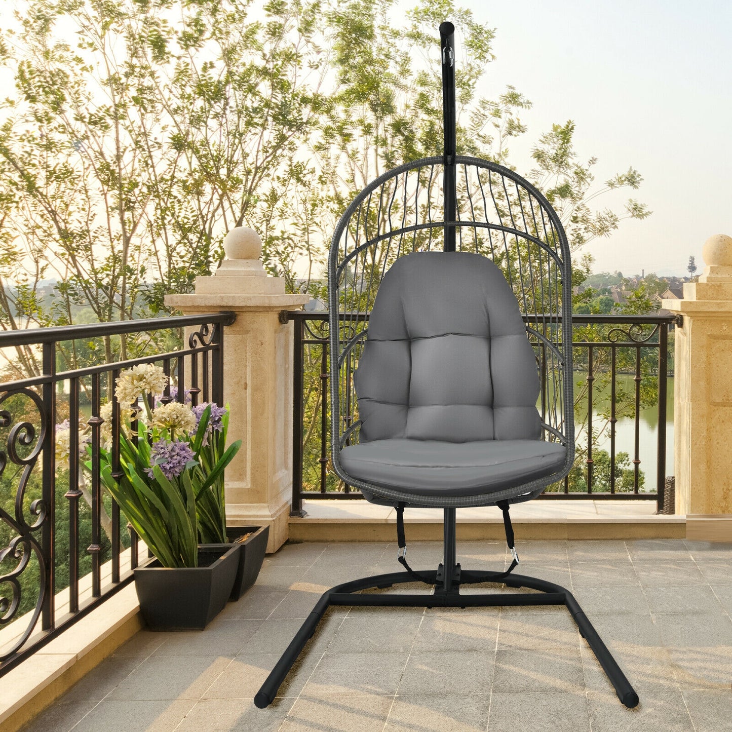 Hanging Wicker Egg Chair with Stand -Gray Kids Crystal