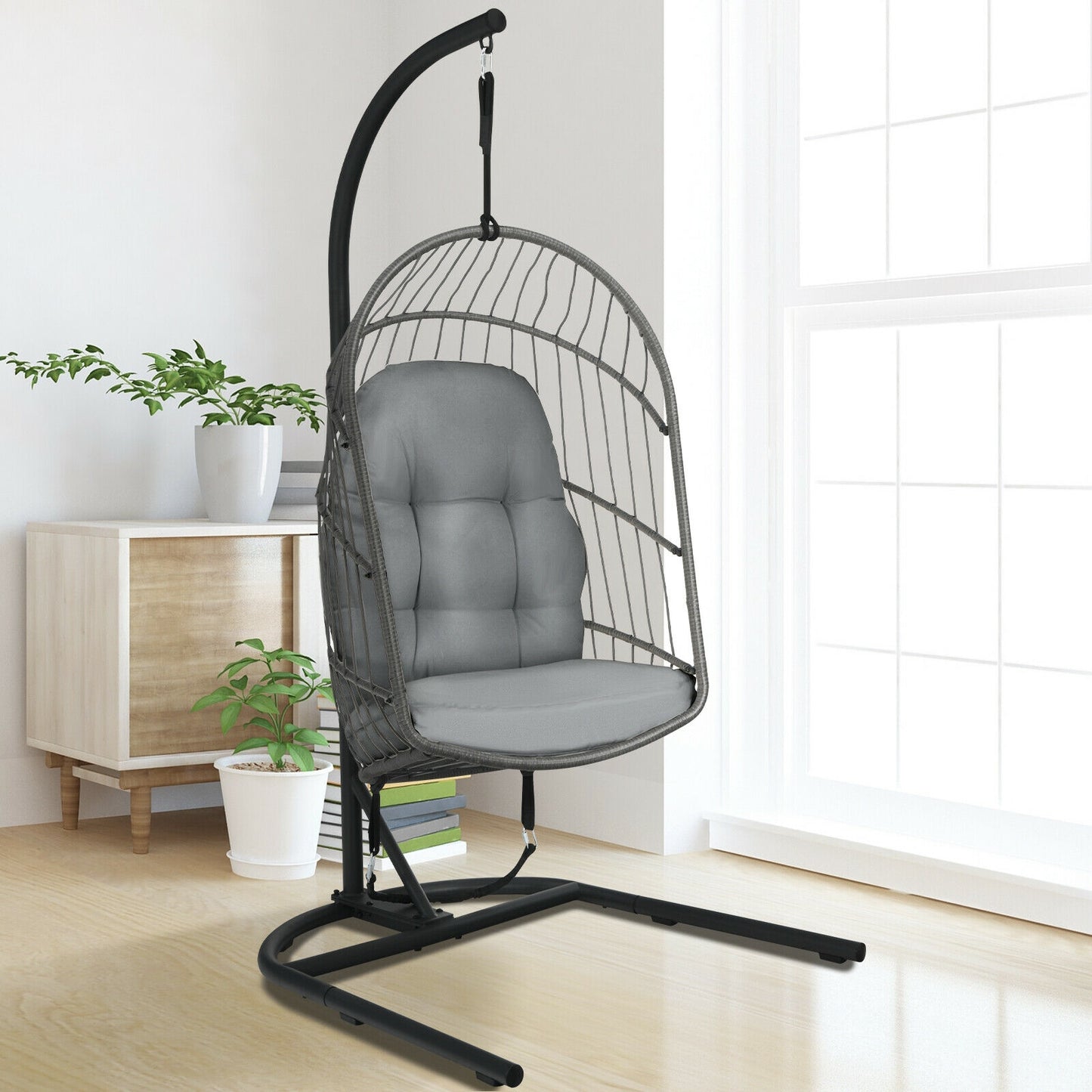 Hanging Wicker Egg Chair with Stand -Gray Kids Crystal