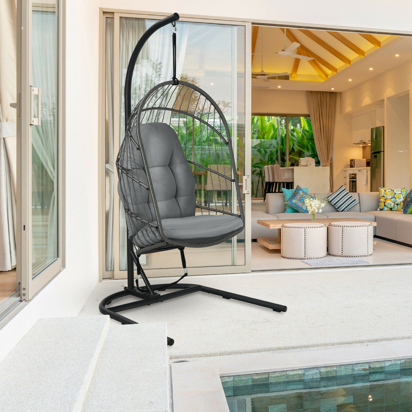 Hanging Wicker Egg Chair with Stand -Gray Kids Crystal