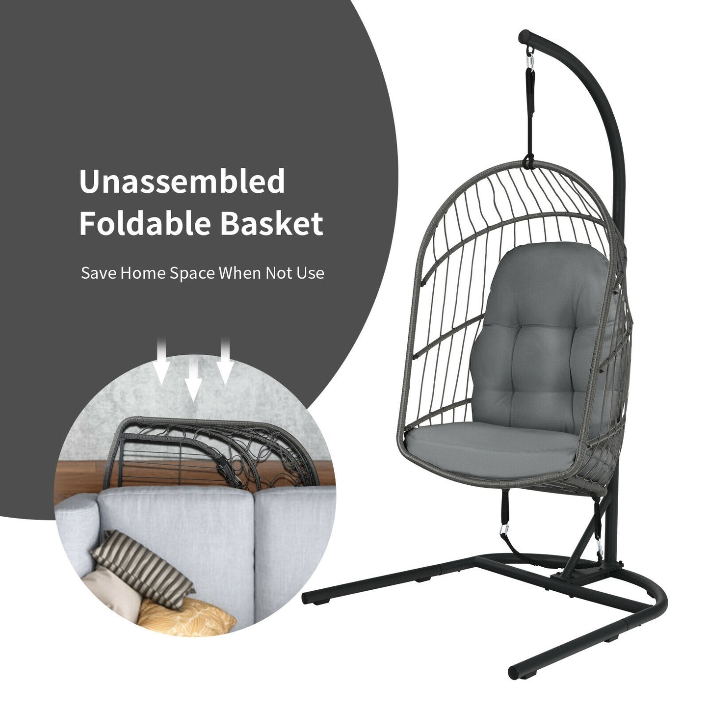 Hanging Wicker Egg Chair with Stand -Gray Kids Crystal