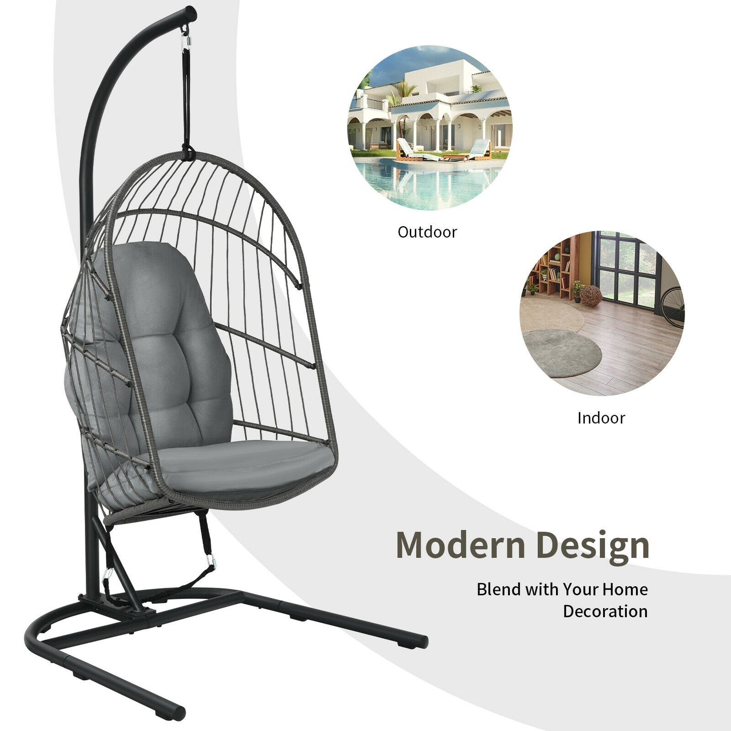 Hanging Wicker Egg Chair with Stand -Gray Kids Crystal