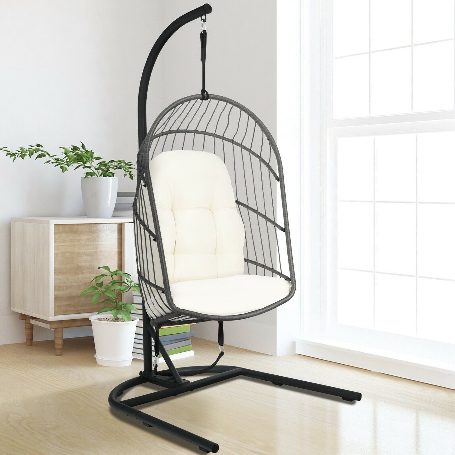 Hanging Wicker Egg Chair with Stand -Beige Kids Crystal