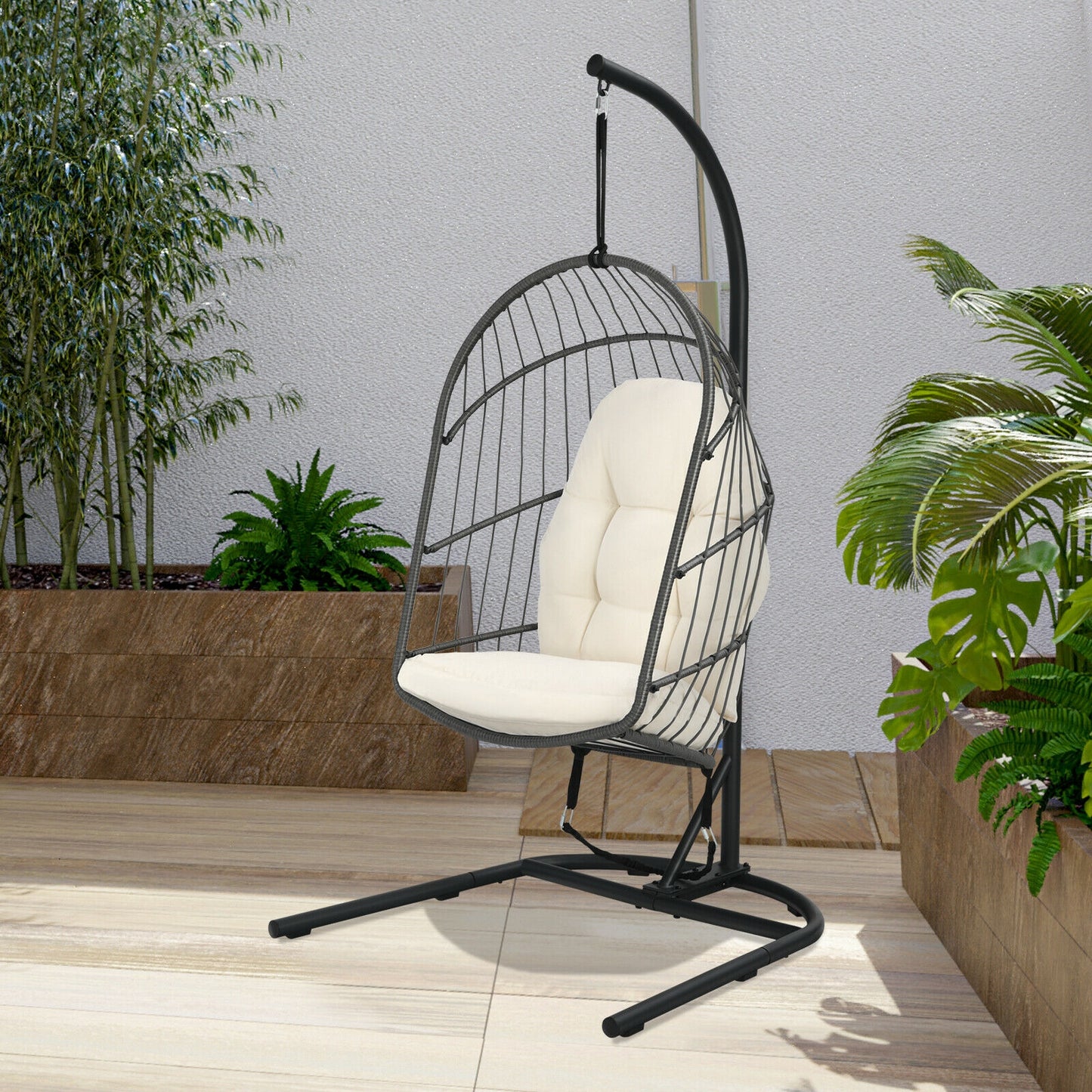 Hanging Wicker Egg Chair with Stand -Beige Kids Crystal