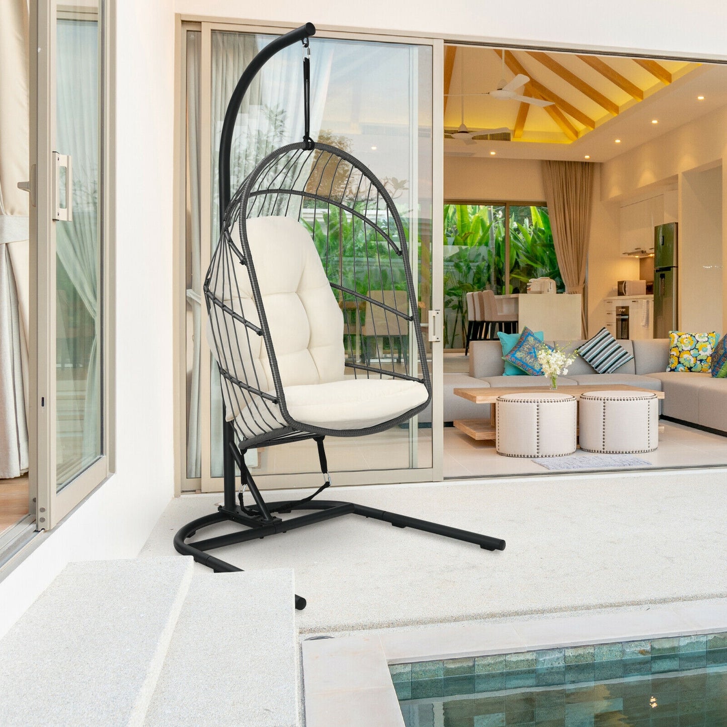 Hanging Wicker Egg Chair with Stand -Beige Kids Crystal