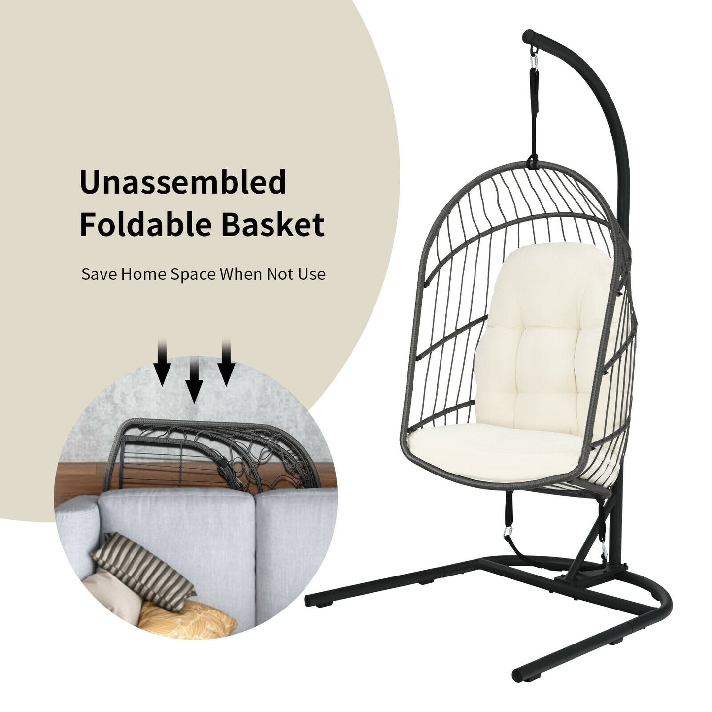 Hanging Wicker Egg Chair with Stand -Beige Kids Crystal