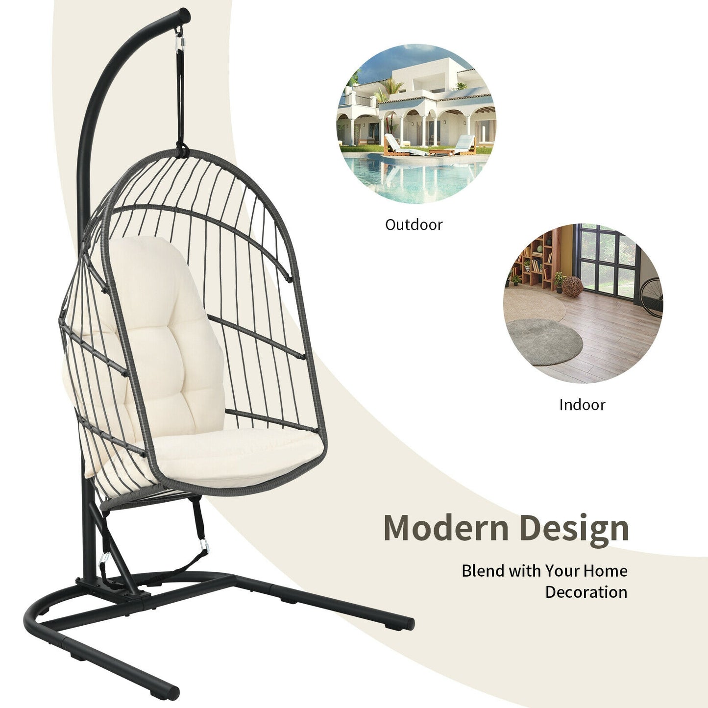 Hanging Wicker Egg Chair with Stand -Beige Kids Crystal