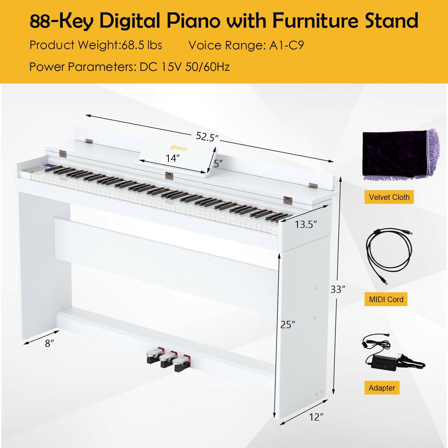 88 Key Full Size Electric Piano Keyboard with Stand 3 Pedals MIDI Function-White Kids Crystal