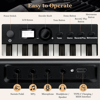 88-Key Folding Electric Lighted Piano Full-Size Portable Keyboard MIDI-Black
