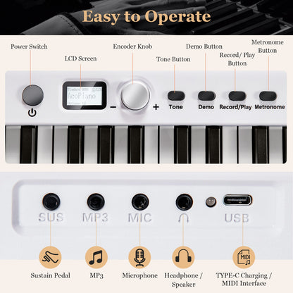 88-Key Folding Electric Lighted Piano Full-Size Portable Keyboard MIDI-White
