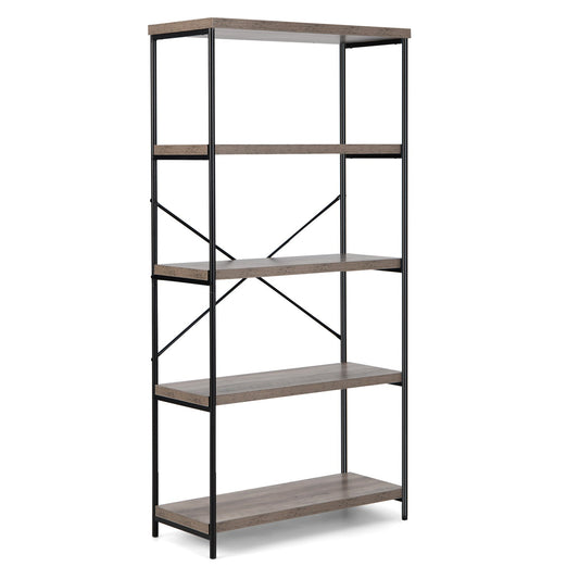 5-Tier Industrial Bookshelf Display Storage Rack with Metal Frame-Gray Kids Crystal
