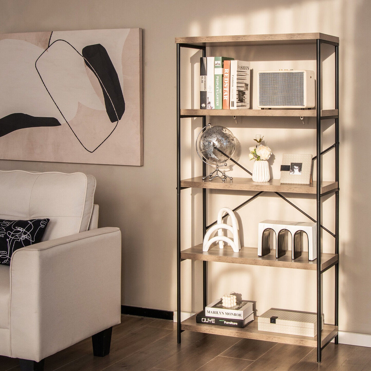 5-Tier Industrial Bookshelf Display Storage Rack with Metal Frame-Gray Kids Crystal