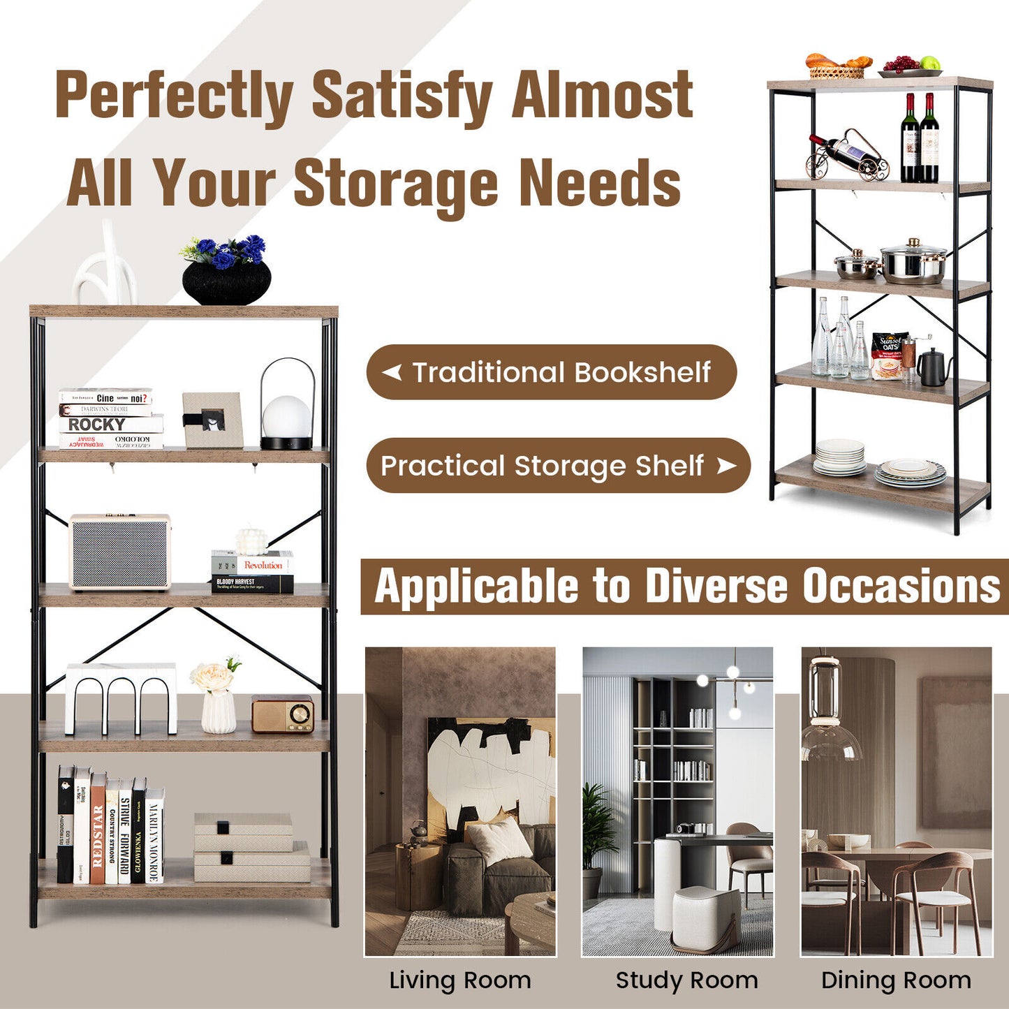 5-Tier Industrial Bookshelf Display Storage Rack with Metal Frame-Gray Kids Crystal