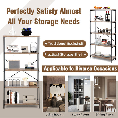 5-Tier Industrial Bookshelf Display Storage Rack with Metal Frame-Gray