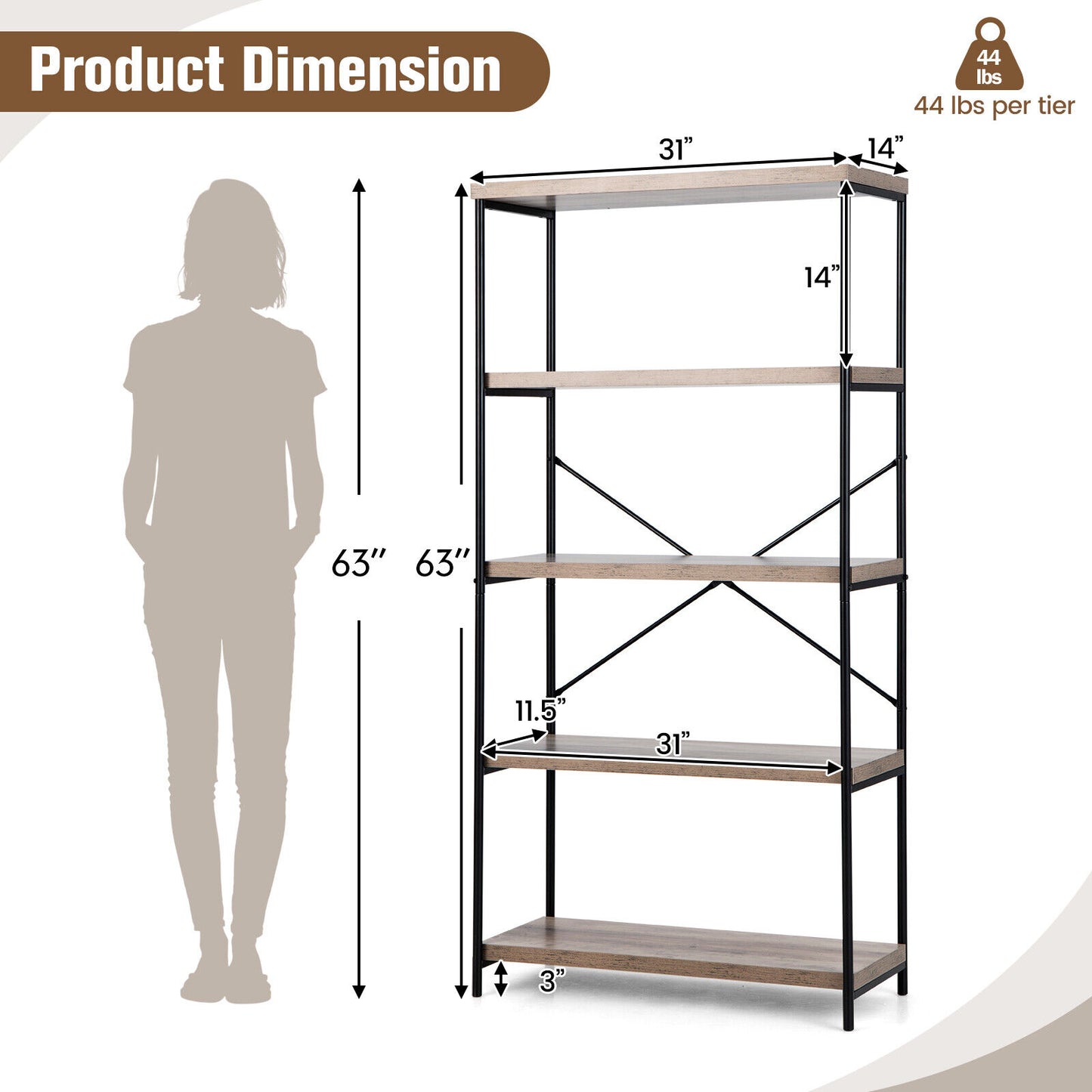5-Tier Industrial Bookshelf Display Storage Rack with Metal Frame-Gray Kids Crystal