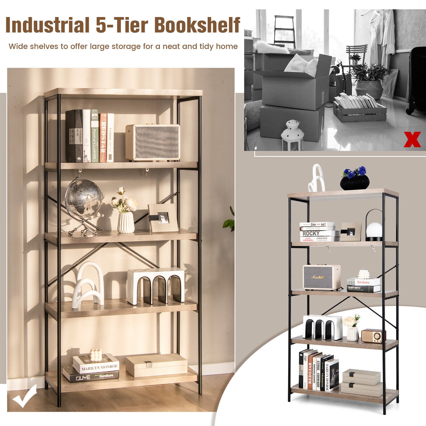 5-Tier Industrial Bookshelf Display Storage Rack with Metal Frame-Gray Kids Crystal