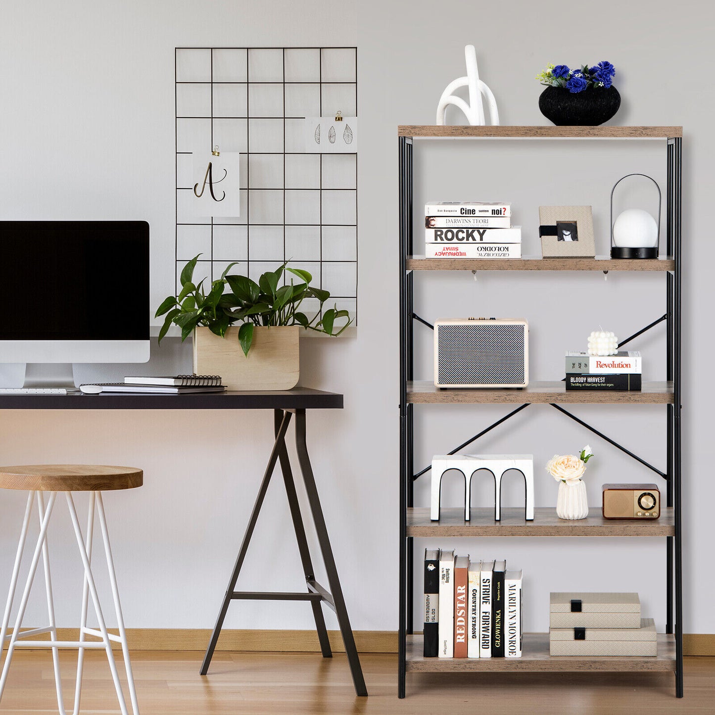 5-Tier Industrial Bookshelf Display Storage Rack with Metal Frame-Gray Kids Crystal