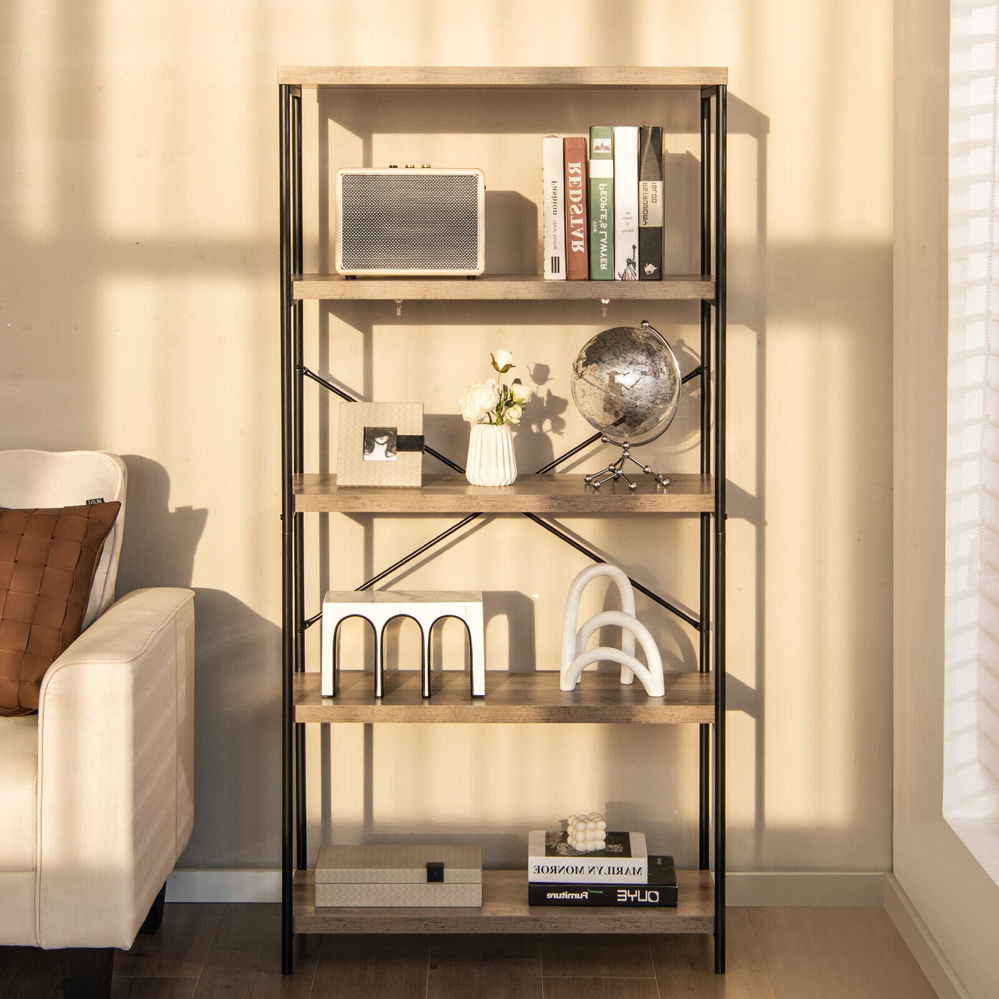 5-Tier Industrial Bookshelf Display Storage Rack with Metal Frame-Gray Kids Crystal