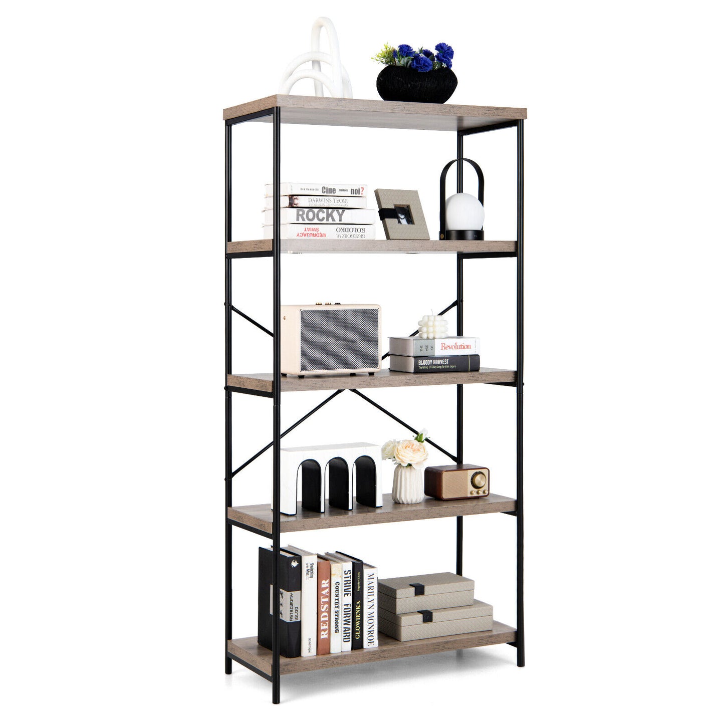 5-Tier Industrial Bookshelf Display Storage Rack with Metal Frame-Gray Kids Crystal