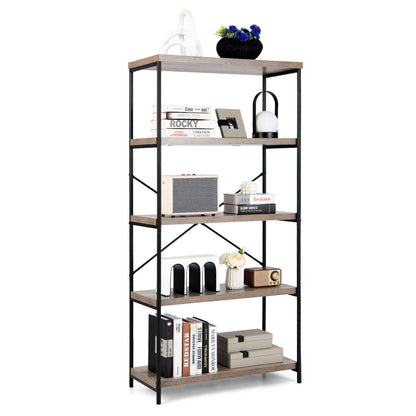 5-Tier Industrial Bookshelf Display Storage Rack with Metal Frame-Gray