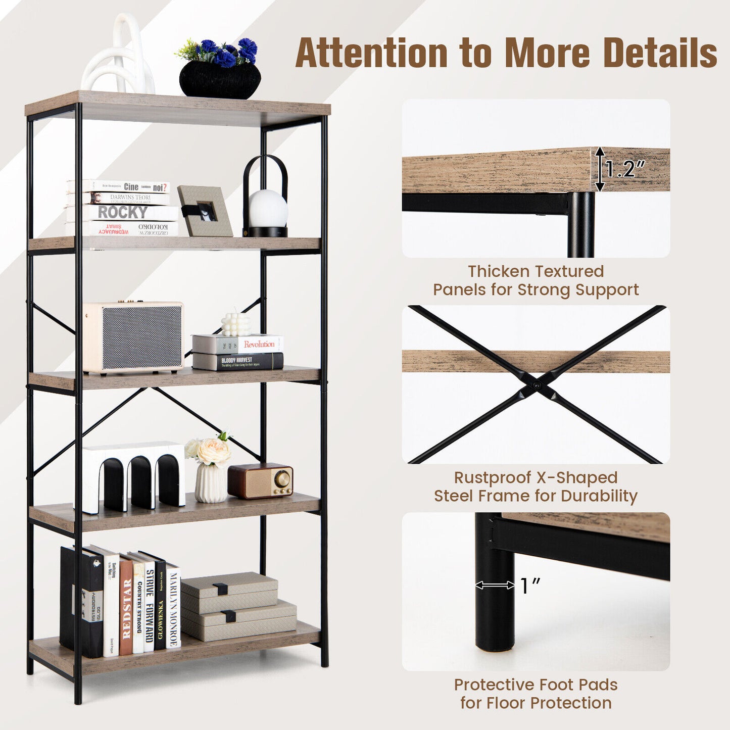 5-Tier Industrial Bookshelf Display Storage Rack with Metal Frame-Gray Kids Crystal