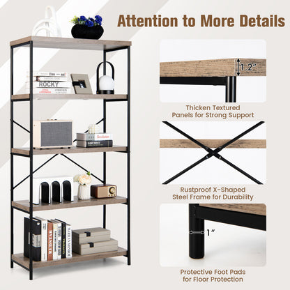 5-Tier Industrial Bookshelf Display Storage Rack with Metal Frame-Gray