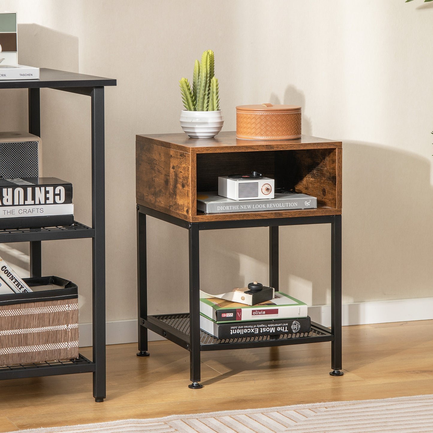 Industrial Nightstand End Side Table with Mesh Shelf Kids Crystal